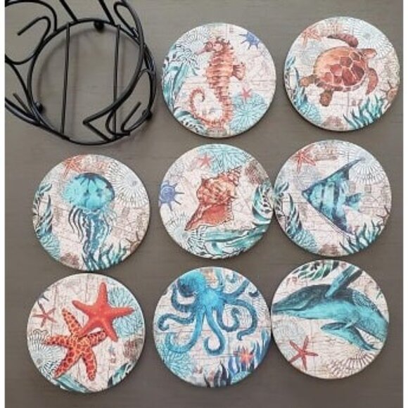 New Absorbing Stone Sea Ocean Life Coasters for Drinks, Cork Base with Holder - Picture 1 of 2